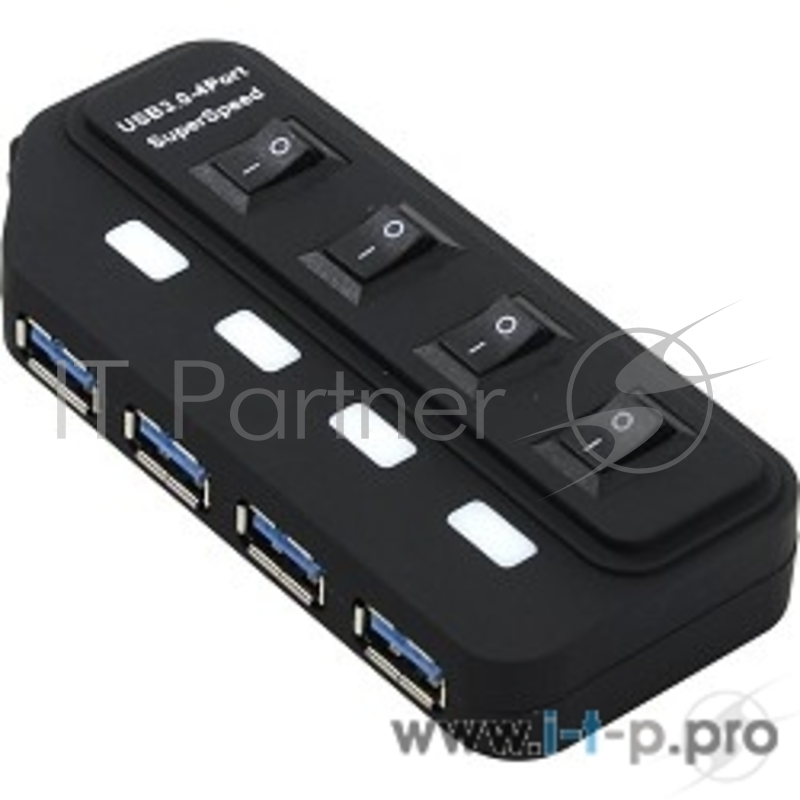 Концентратор USB 3.0 ORIENT BC-306PS, USB 3.0 HUB 4 Ports, c БП-зарядником 2xUSB (5В, 2.1А), выключатели на каждый порт, черный