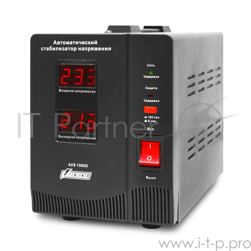 Стабилизатор напряжения Powerman AVS 1500D Black (220В±8% 1500ВА,12А,КПД 98%,циф. индикация вх./вых.)