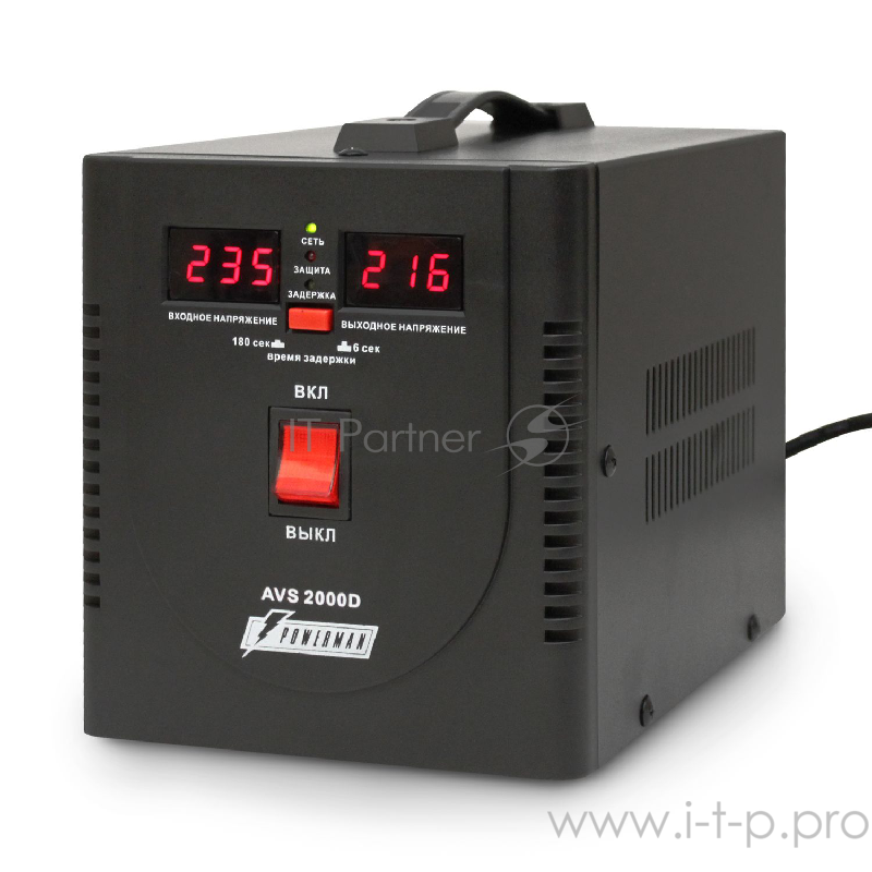 Стабилизатор напряжения Powerman AVS-D Voltage Regulator 2000VA, Digital Indication, 2x Schuko Outlets, 1m Power Cord, 230V, 1 year warranty, Black