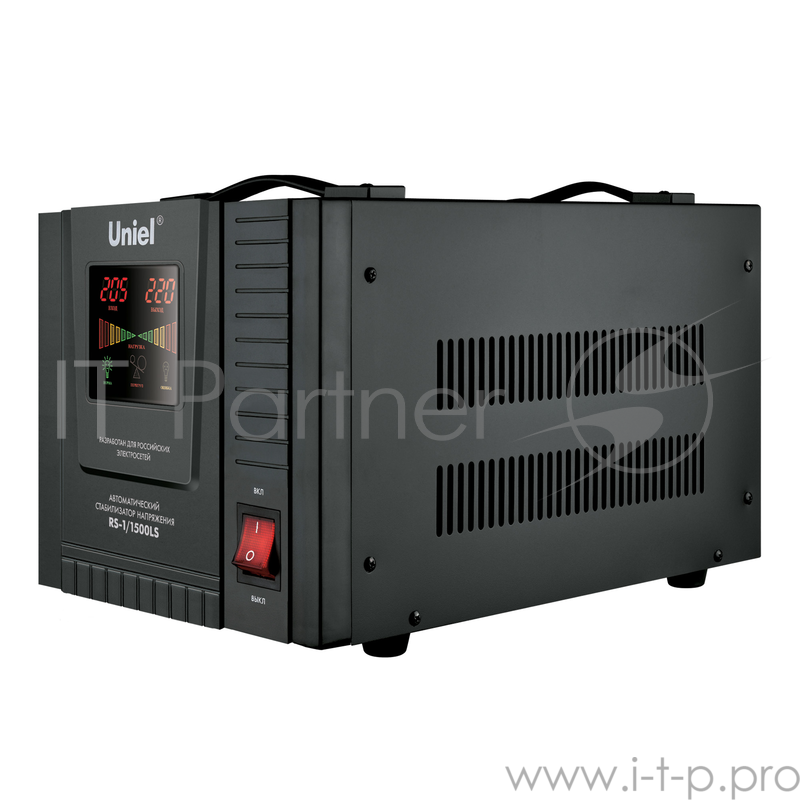 Стабилизатор напряжения UNIEL (9498) RS-1/1500LS напольный, 70-275 В, 1500ВА(Однофазный электронны(релейный) стабилизатор,цифровой дисплей,номинальная мощность 1,5кВА,диапазон входного напряжения 70-275В,выходное напряжение 220+/-10%В,частота 50/60Гц