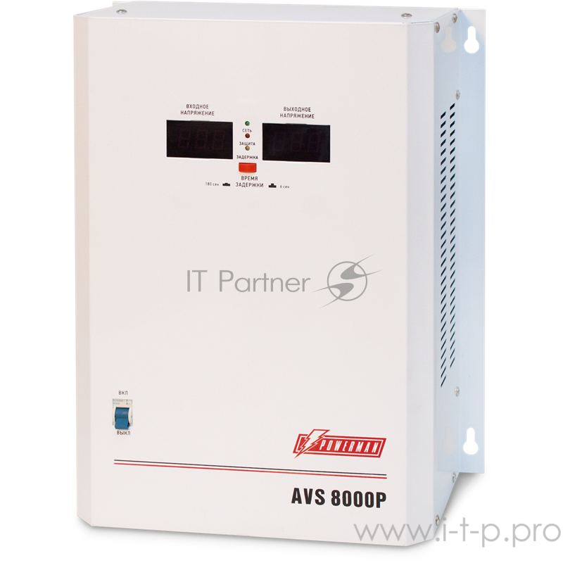 Стабилизатор POWERMAN AVS 8000P, ступенчатый регулятор, цифровые индикаторы уровней напряжения, 8000ВА, 110-260В, максимальный входной ток 50А, клеммная колодка, IP-20, навесной, 380мм х 310мм х 160мм, 14кг. Stabilizer POWERMAN AVS 8000P, step-type
