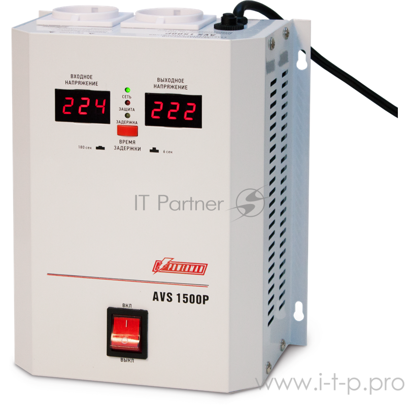Стабилизатор POWERMAN AVS 1500P, ступенчатый регулятор, цифровые индикаторы уровней напряжения, 1500ВА, 110-260В, максимальный входной ток 12А, 2 евророзетки, IP-20, навесной, 215мм х 270мм х 110мм, 4.3 кг. Stabilizer POWERMAN AVS 1500P, step-type