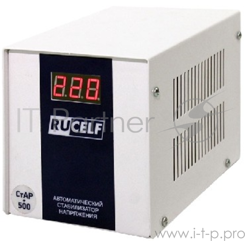 Стабилизатор напряжения RUCELF СтАР 500+ релейный, Полная мощность 500 В·А, Тип входного напряжения однофазное (220 В), Входное рабочее напряжение 130-265 В, Входное предельное напряжение 140-265 В, Точность стабилизации 8%, Выходное напряжение 202-2
