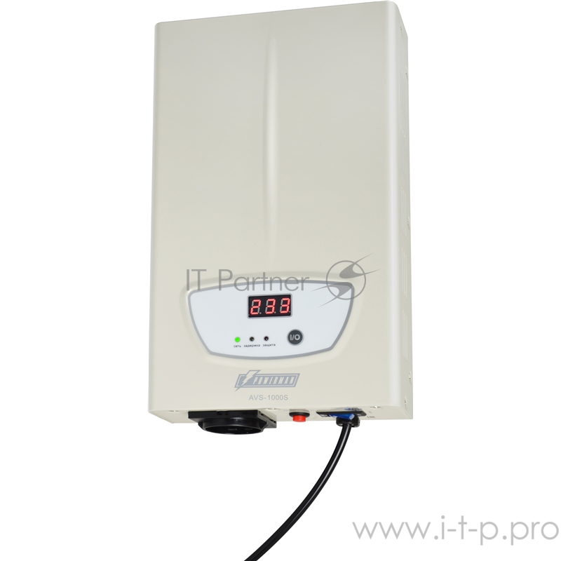 Стабилизатор POWERMAN AVS 1000S, ступенчатый регулятор, цифровые индикаторы уровней напряжения, 1000ВА, 140-260В, максимальный входной ток 7А, 1 евророзетка, IP-20, навесного исполнения, 290мм х 175мм х 68мм, 3,09 кг. Stabilizer POWERMAN AVS 1000S, s
