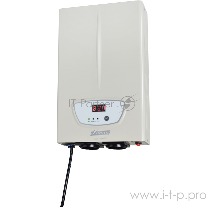 Стабилизатор POWERMAN AVS 1500S, ступенчатый регулятор, цифровые индикаторы уровней напряжения, 1500ВА, 140-260В, максимальный входной ток 12А, 2 евророзетки, IP-20, навесного исполнения, 310мм х 200мм х 68мм, 4,36 кг. Stabilizer POWERMAN AVS 1500S,