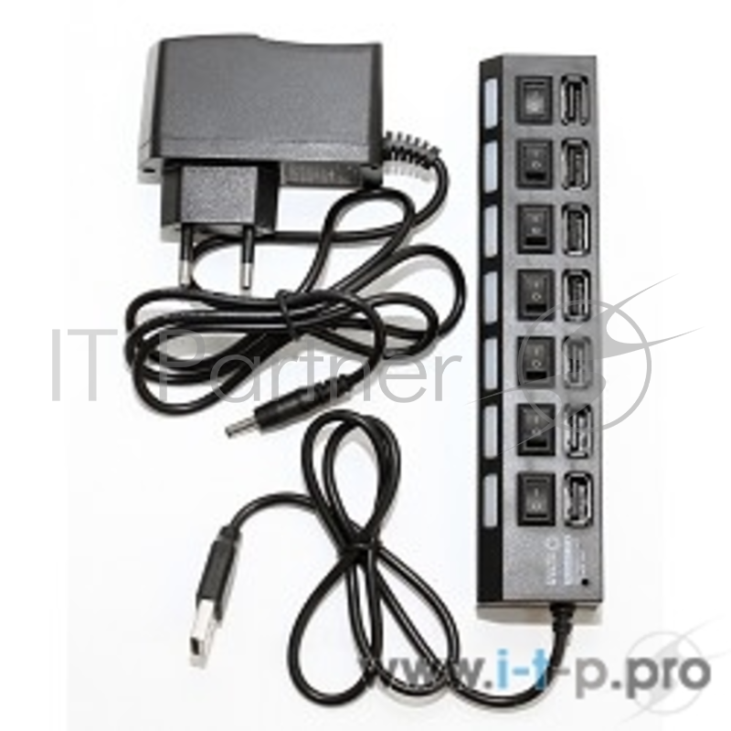 Разветвитель 7 портов USB2.0 5bites HB27-203PBK, внешн., с блоком питания