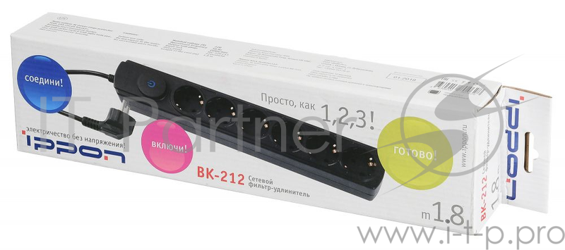 Сетевой фильтр Ippon BK212 1.8м (6 розеток) черный (коробка)