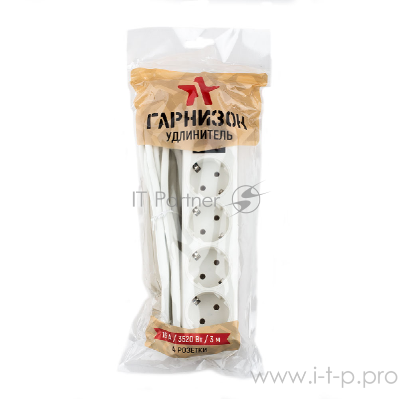 Сетевой фильтр Gembird Удлинитель Гарнизон ELB-G4-W-3, 4 евророзетки с выключателем и заземлением, допустимый ток 16А, длина 3м.