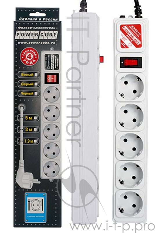 Сетевой фильтр Powercube SPG-B-10 3м (5 розеток) серый (коробка)