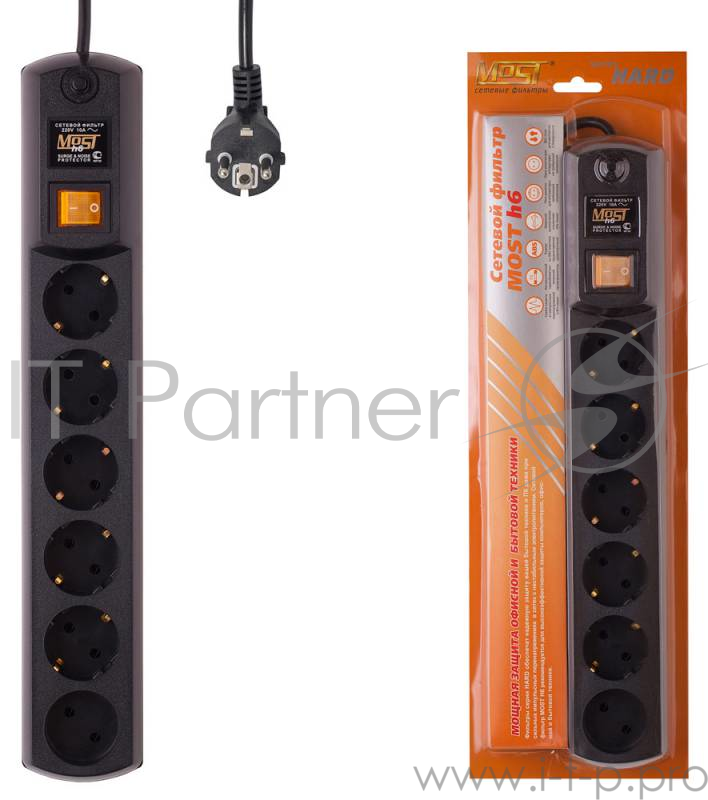 Сетевой фильтр Most H6 5м (6 розеток) черный (коробка)