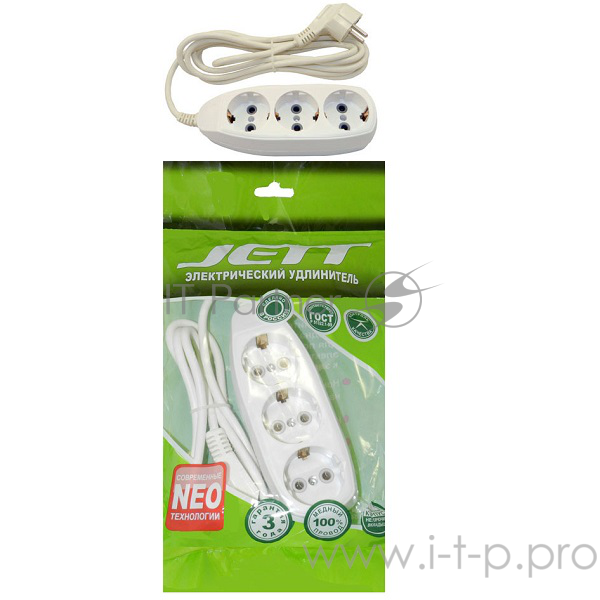 Удлинитель ДЖЕТТ РС-3 с заземлением, 3р*3м ( ПВС 3*0,75 ) (35шт) 155-633