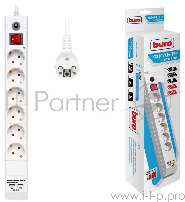 Сетевой фильтр Buro BU-SP1.8_USB_2A-W 1.8м (6 розеток) белый (коробка)