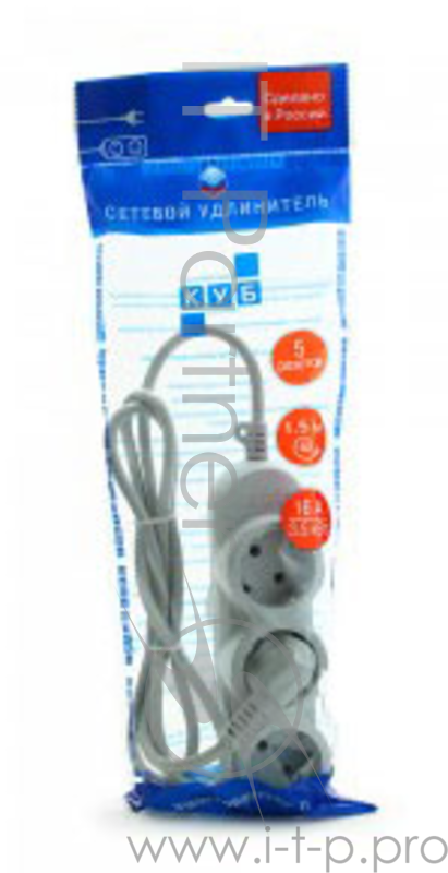 Сетевой фильтр PowerCube Удлинитель бытовой (PC-Y-4-32-1,5) 10А, 1,5м, 3 роз.с/з+2 роз.б/з,2200Вт, 0,75мм2