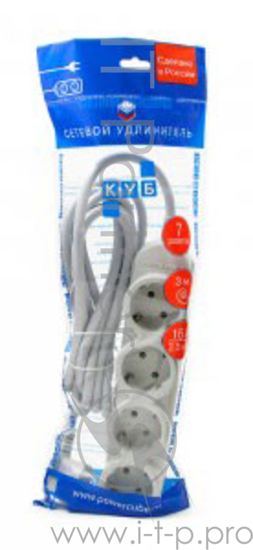 Сетевой удлинитель Powercube PC-Y-5-43-3 3м (7 розеток) серый (пакет ПЭ)