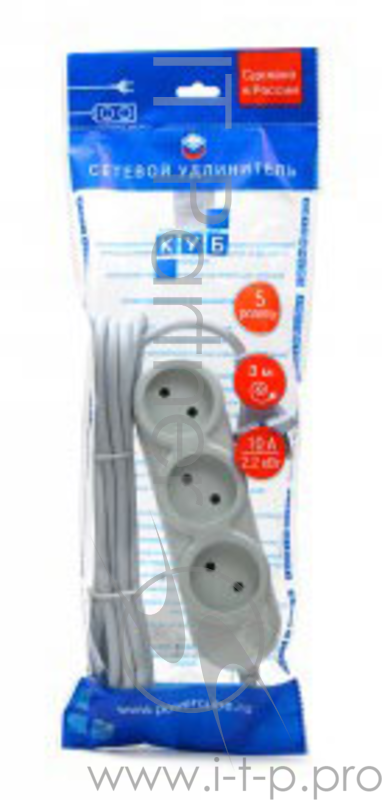 Сетевой удлинитель Powercube PC-Y-2-05-3 3м (5 розеток) серый (пакет ПЭ)