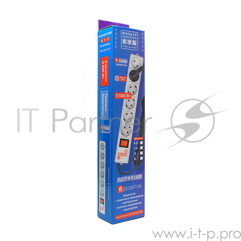 Фильтр-удлинитель Power Cube 1,9 м 6 розеток (белый) 16А/3,5кВт