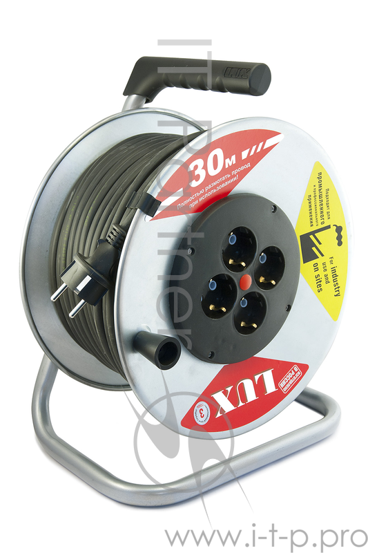 Удлинитель силовой LUX 44130 К4-Е-30 КГ 3x1.5 30м 16А 4розетки с з/к на металл. катушке от -40°С