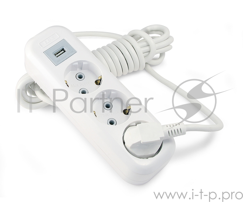 Удлинитель сетевой LUX У3-Е-USB-03 3-местный с заземлением, 220В 16А, USB гнездо 5В 1.3А, 3м
