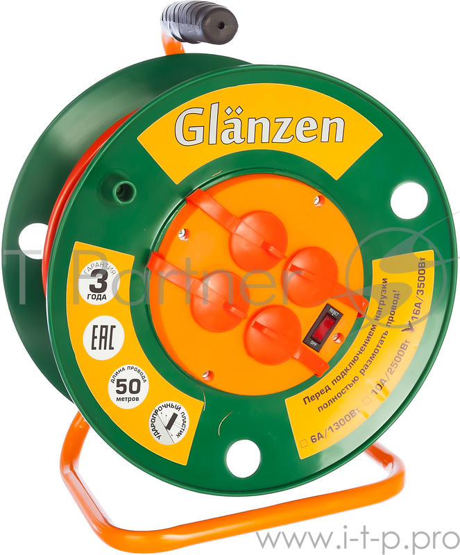 Удлинитель на катушке GLANZEN ЕВ-50-007 50м 3х1,5мм 16А 3500Вт, 4 розетки