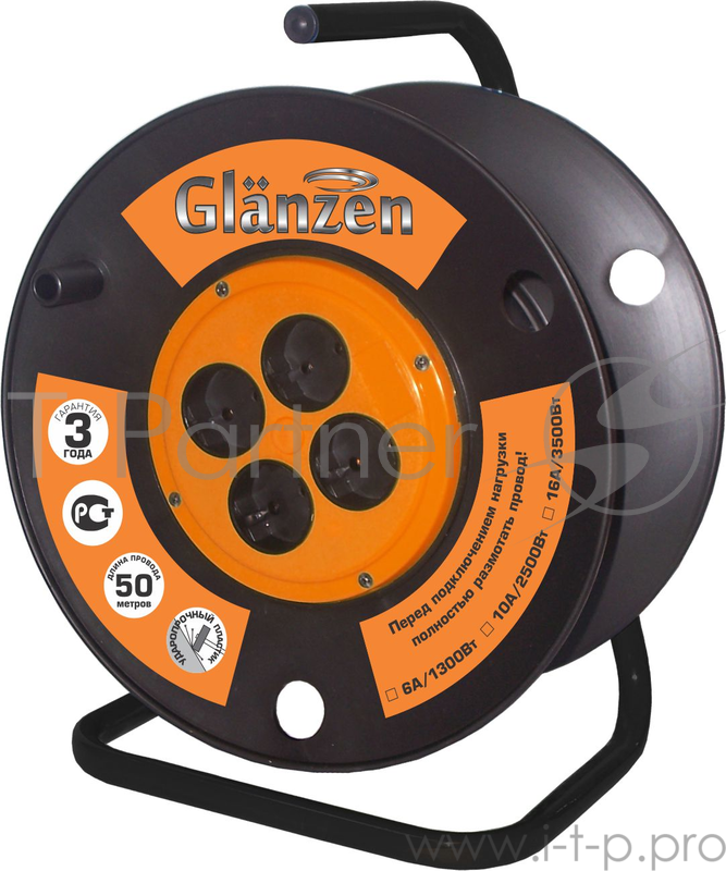 Удлинитель на катушке GLANZEN ЕВ-50-001 50м 2х0.75мм 6А 1300Вт, 4 розетки