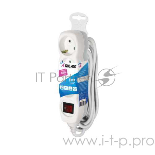 Удлинитель КОСМОС 5м, ПВС 3х1, 3 гнезда, заземление, выключатель, 16А