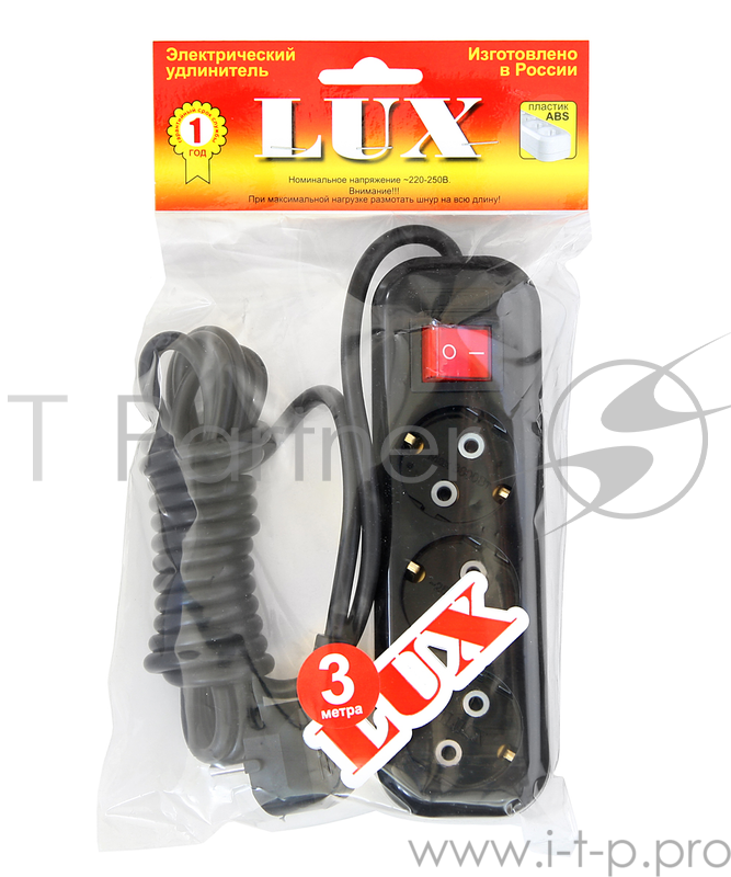 Удлинитель сетевой LUX У3-ЕВК-03 черный с выключателем 3-местный с заземлением, 220В 16А, 3м