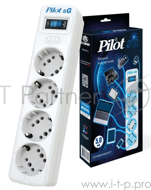 Сетевой фильтр Pilot SG 4x8 5м (4 розетки) белый (коробка)