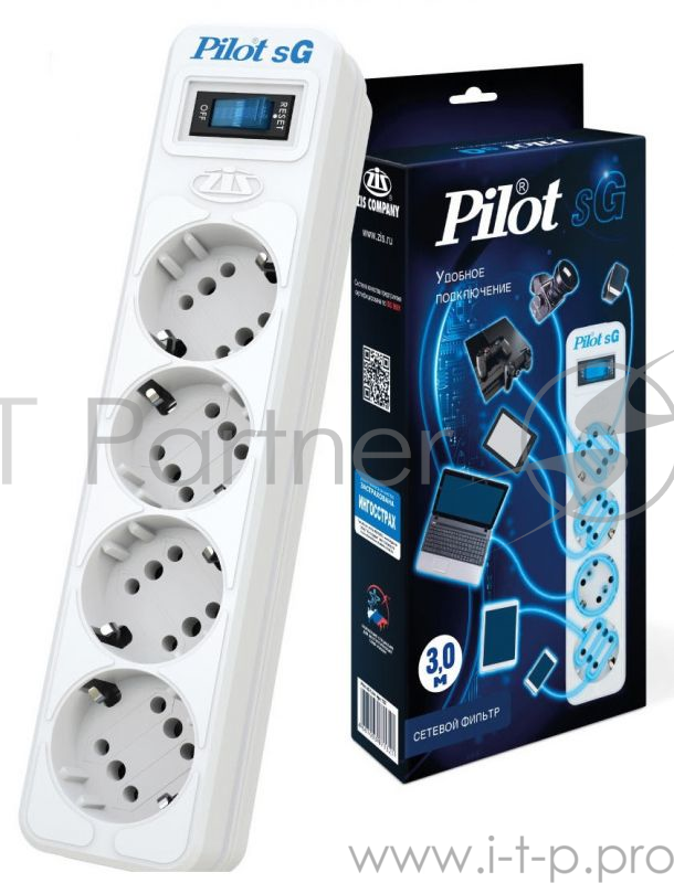 Сетевой фильтр Pilot SG 4x8 3м (4 розетки) белый (коробка)