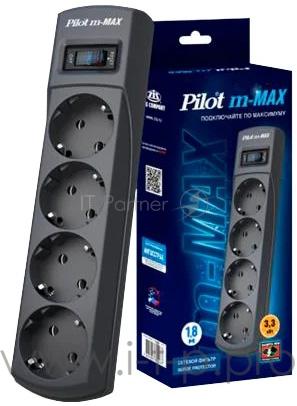 Сетевой фильтр Pilot m Max 4 розетки (евро с заземлением), 15А/3.3кВа, автомат, 7 м, черный Surge protector Pilot m Max 4 euro outlets, 15А/3.3кВа, 7m, black