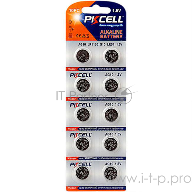 Щелочной/алкалиновый элемент питания PKCELL AG10-10B тип - LR54(AG10) 10 шт в блистере