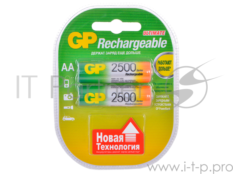 Аккумуляторы GP 2шт, AA, 2500mAh, NiMH (250AAHC)-UC2PET-G