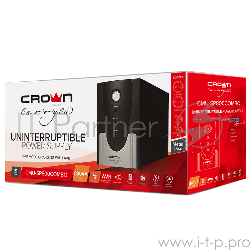 Источник бесперебойного питания CROWN ИБП CMU-SP800 COMBO {800VA металл,1x12V/9AH, розетки 2*IEC + 2*EURO} CM000001494