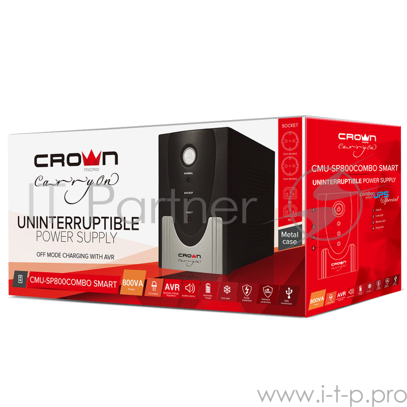 ИБП CROWN SMART 800VA/510W CMU-SP800 COMBO SMART , металл, 1x12V/9AH, розетки 2*IEC + 2*EURO, трансформатор AVR 145-280V, COM порт USB, съёмный кабель 1.2м, фильтр телефонной и ethernet линии RJ11/45, защита батареи, от перегрузки, от КЗ, ПО