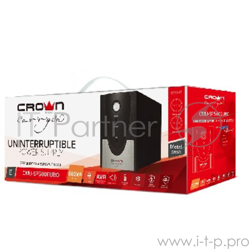 Источник бесперебойного питания CROWN CMU-SP500EURO Бюджетный для защиты ПК и рабочих станций. CROWN 500VA, металл, 1x12V/4.5AH, розетки 2*EURO, трансформатор AVR 145-280V, встроенный кабель 1.2м, фильтр телефонной и ethernet линии RJ11/45, защита ба