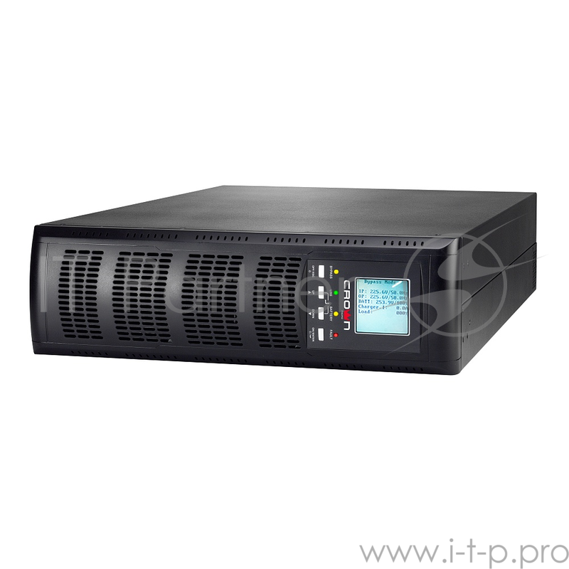 ИБП CROWN On-Line CMUOA-300X-6K 6000VA/5400W, корпус металл, TOWER&RACK, 3U+3U, АКБ 16*12V/7AH, PF-0.9, AVR 110-300V, порт USB+RS-232, EPO, розетки - клемная колодка (Ph+N+GND), входной кабель 2,5 м, вентилятор охлаждения, автомат, слот для SNMP, пор