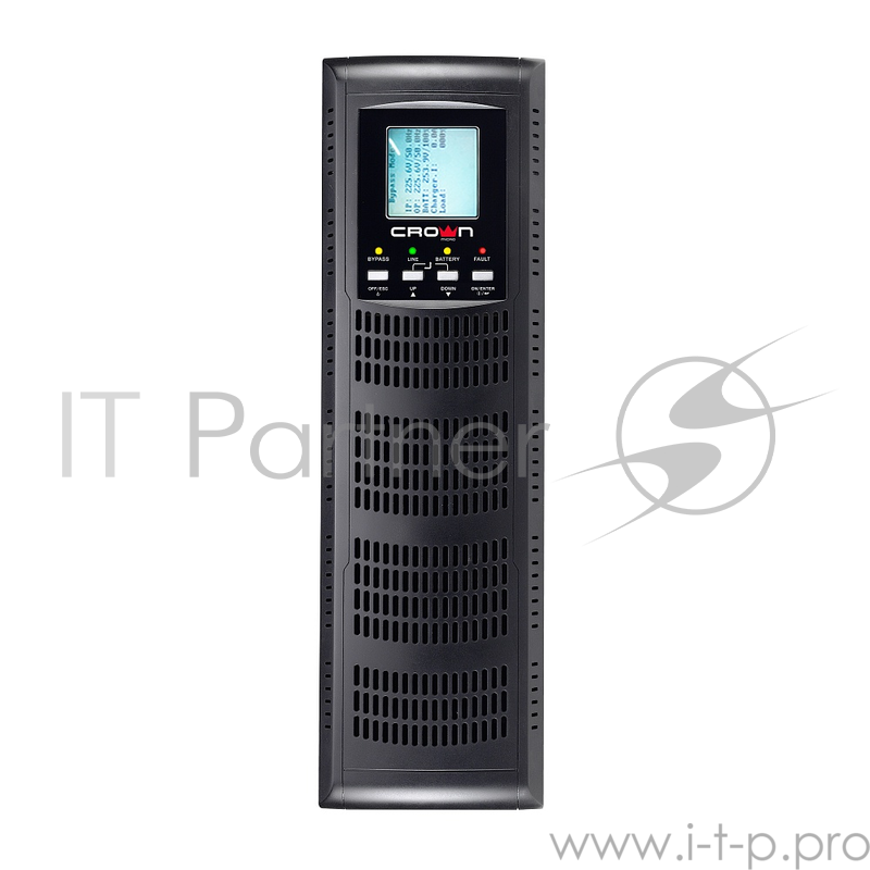 ИБП CROWN On-Line CMUOA-300X-6K 6000VA/5400W, корпус металл, TOWER&RACK, 3U+3U, АКБ 16*12V/7AH, PF-0.9, AVR 110-300V, порт USB+RS-232, EPO, розетки - клемная колодка (Ph+N+GND), входной кабель 2,5 м, вентилятор охлаждения, автомат, слот для SNMP, пор