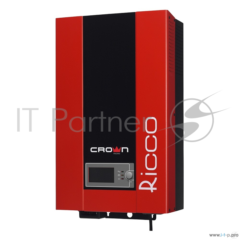 Инвертор CROWN RICCO 2.4K 2400VA/1440W, корпус металл, универсальный (напольный/крепление на стену), (подключение 2 х АКБ 12V до 250AH), розетки 1х (1Ph+N+GND), LCD-дисплей, тип выходного сигнала - апроксимированная синусоида, AVR 90-280V, входной ка