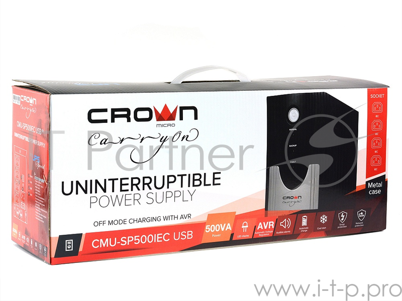 ИБП CROWN Line Intractive CMU-SP500IEC USB 500VA310W, корпус металл, 1x12V/4.5AH, розетки 4*IEC, трансформатор AVR 140-290V, cъёмный кабель 1.2 м, порт RJ11/45, порт USB, защита: от перегрузки, от КЗ, от скачков напряжения