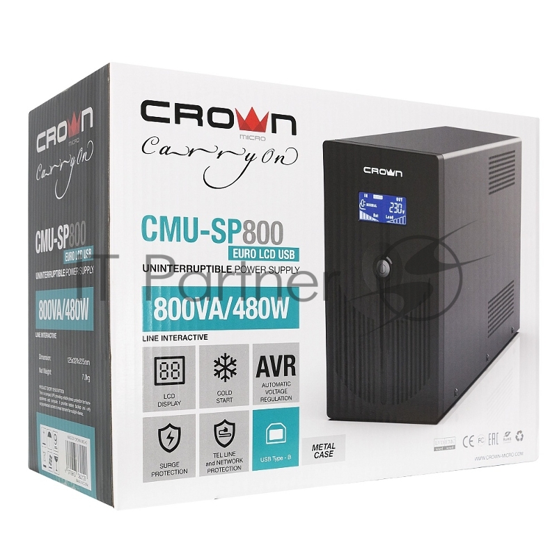 ИБП CROWN Line Intractive CMU-800EURO LCD USB 800VA480W, корпус металл, 1x12V/9AH, розетки 3*EURO+1*IEC bypass, трансформатор AVR 145-280V, LCD-дисплей, съёмный кабель 1.2 м, порт RJ11/45, порт USB, защита: от перегрузки, от КЗ, от скачков напряжения