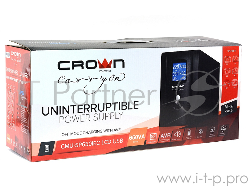 ИБП CROWN Line Intractive CMU-SP650IEC LCD USB 650VA360W, корпус металл, 1x12V/7AH, розетки 6*IEC, трансформатор AVR 140-290V, LCD-дисплей, cъёмный кабель 1.2 м, порт RJ11/45, порт USB, защита: от перегрузки, от КЗ, от скачков напряжения