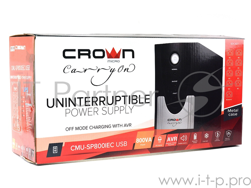 ИБП CROWN Line Intractive CMU-SP800IEC USB 800VA480W, корпус металл, 1x12V/9AH, розетки 8*IEC, трансформатор AVR 140-290V, cъёмный кабель 1.2 м, порт RJ11/45, порт USB, защита: от перегрузки, от КЗ, от скачков напряжения
