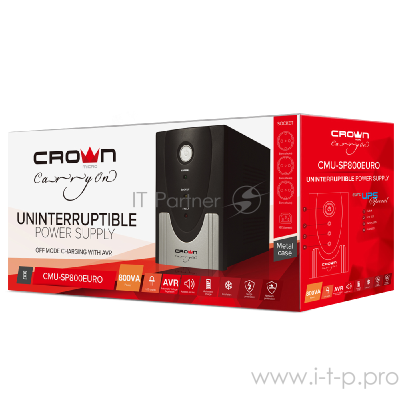 ИБП CROWN Line Intractive CMU-SP800EURO USB 800VA480W, корпус металл, 1x12V/9AH, розетки 4*EURO+1*IEC bybass, трансформатор AVR 140-290V, cъёмный кабель 1.2 м, порт RJ11/45, порт USB, защита: от перегрузки, от КЗ, от скачков напряжения