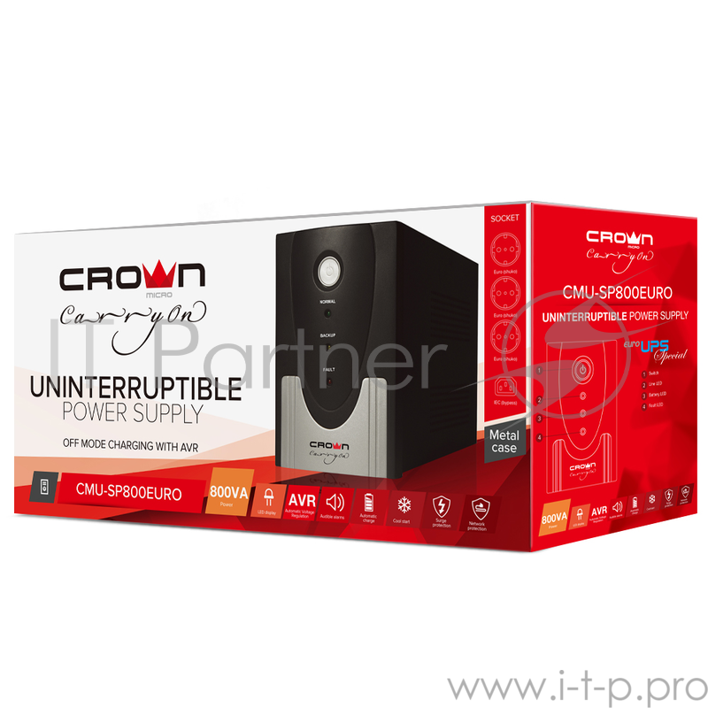 ИБП CROWN Line Intractive CMU-SP800EURO USB 800VA480W, корпус металл, 1x12V/9AH, розетки 4*EURO+1*IEC bybass, трансформатор AVR 140-290V, cъёмный кабель 1.2 м, порт RJ11/45, порт USB, защита: от перегрузки, от КЗ, от скачков напряжения