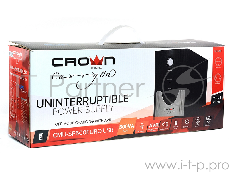 ИБП CROWN Line Intractive CMU-SP500EURO USB 500VA310W, корпус металл, 1x12V/4.5AH, розетки 2*EURO, трансформатор AVR 140-290V, встроенный кабель 1.2 м, порт J11/45, порт USB, защита: от перегрузки, от КЗ, скачков напряжения