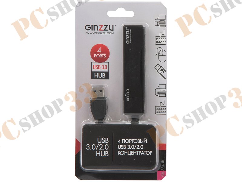 Разветвитель 3 порта USB2.0 + 1 порт USB3.0 Ginzzu GR-334UB, внешн.