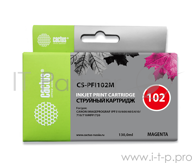 Расходные материалы Cactus PFI-102M Картридж струйный для Canon iPF500/iPF600/iPF700/ MFP M40/iPF765/LP17/LP24, пурпурный (130мл)