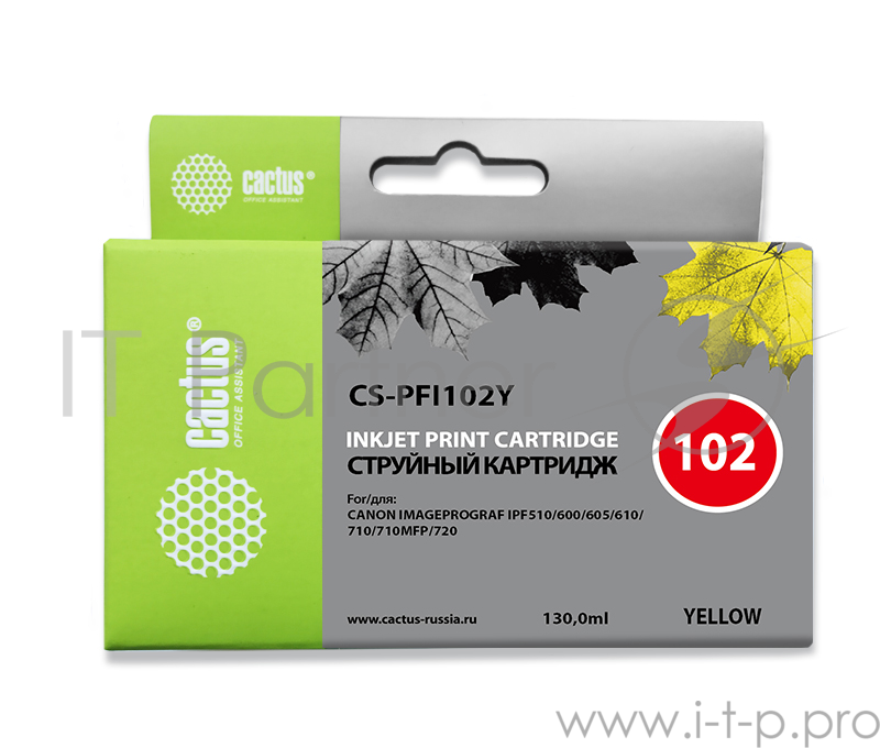 Расходные материалы Cactus PFI-102Y Картридж струйный для Canon iPF500/iPF600/iPF700/ MFP M40/iPF765/LP17/LP24, желтый (130мл)