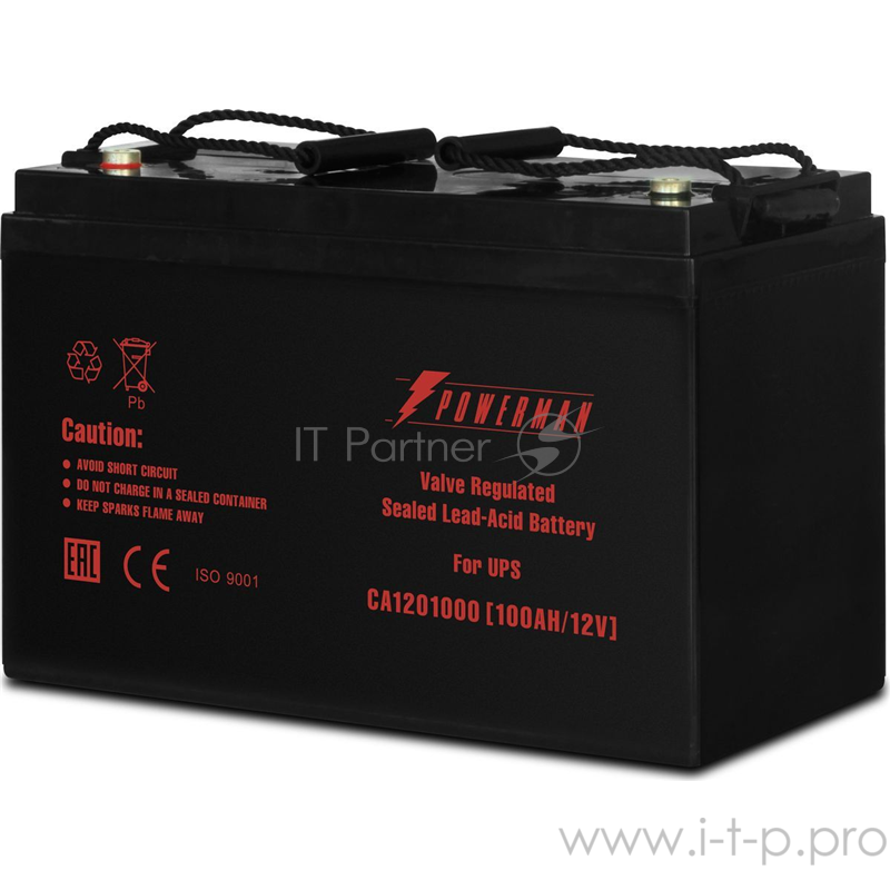 Батарея POWERMAN Battery CA121000, напряжение 12В, емкость 100Ач, макс. ток разряда 800А, макс. ток заряда 30А, свинцово-кислотная типа AGM, тип клемм М2, Д/Ш/В 329/172/215, 27.7 кг. Battery POWERMAN Battery CA121000, voltage 12V, capacity 100Ah, max