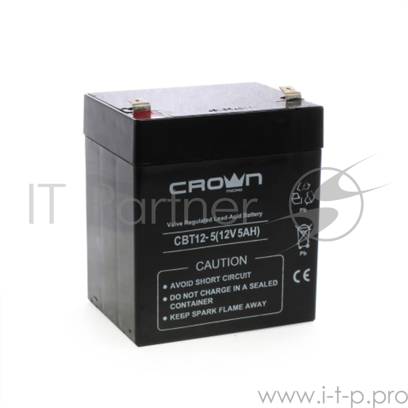 Аккумулятор CROWN СВТ-12-5, напряжение 12В, ёмкость 5 А/Ч, размеры (мм) 90х70х101, вес 1,75 кг, тип клеммы - F2, тип АКБ - свинцово кислотная с загущеным электролитом в гель, срок службы 6 лет