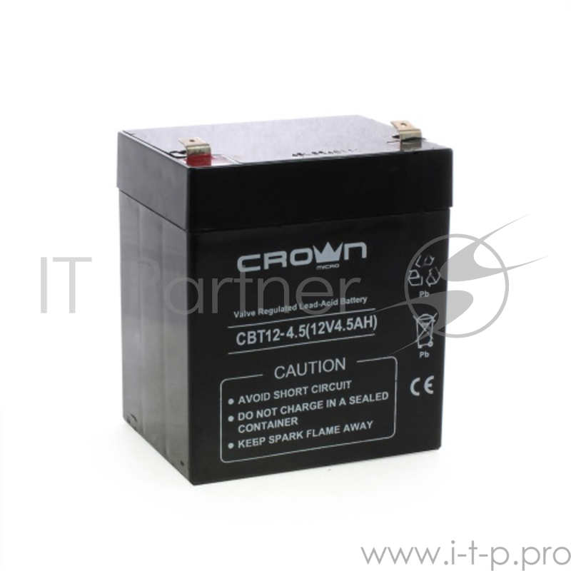 Аккумулятор CROWN CBT-12-4.5, напряжение 12В, ёмкость 4,5 А/Ч, размеры (мм) 90х70х101, вес 1,48 кг, тип клеммы - F2, тип АКБ - свинцово кислотная с загущеным электролитом в гель, срок службы 6 лет